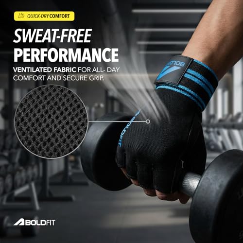 Image of Boldfit Gym Gloves for Men Workout Unisex Hand Gloves for Gym for Men & Women with Wrist Support for Weightlifting, Workout Comfortable Fit Bike Riding, Cycling Handgloves - Irongrip Black Blue XL