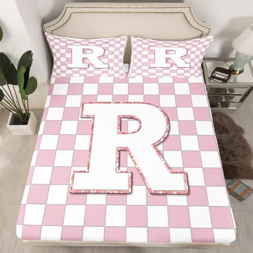 Image of Erosebridal Pink Initial R Sheet Set Full Kawaii Plaid Checkered Bed Sheets Cute Personalized Monogram Bedding for Kids Girls Teen Women,Fashion Grids Gingham Bed Sheets Set 4 Piece