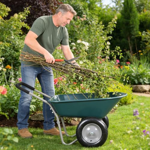 Carretilla de mano ZeHuoGe para jardinería, 2 ruedas neumáticas de 15 pulgadas, capacidad de 5 pies cúbicos y carga máxima de 300 libras, color verde miniatura 1