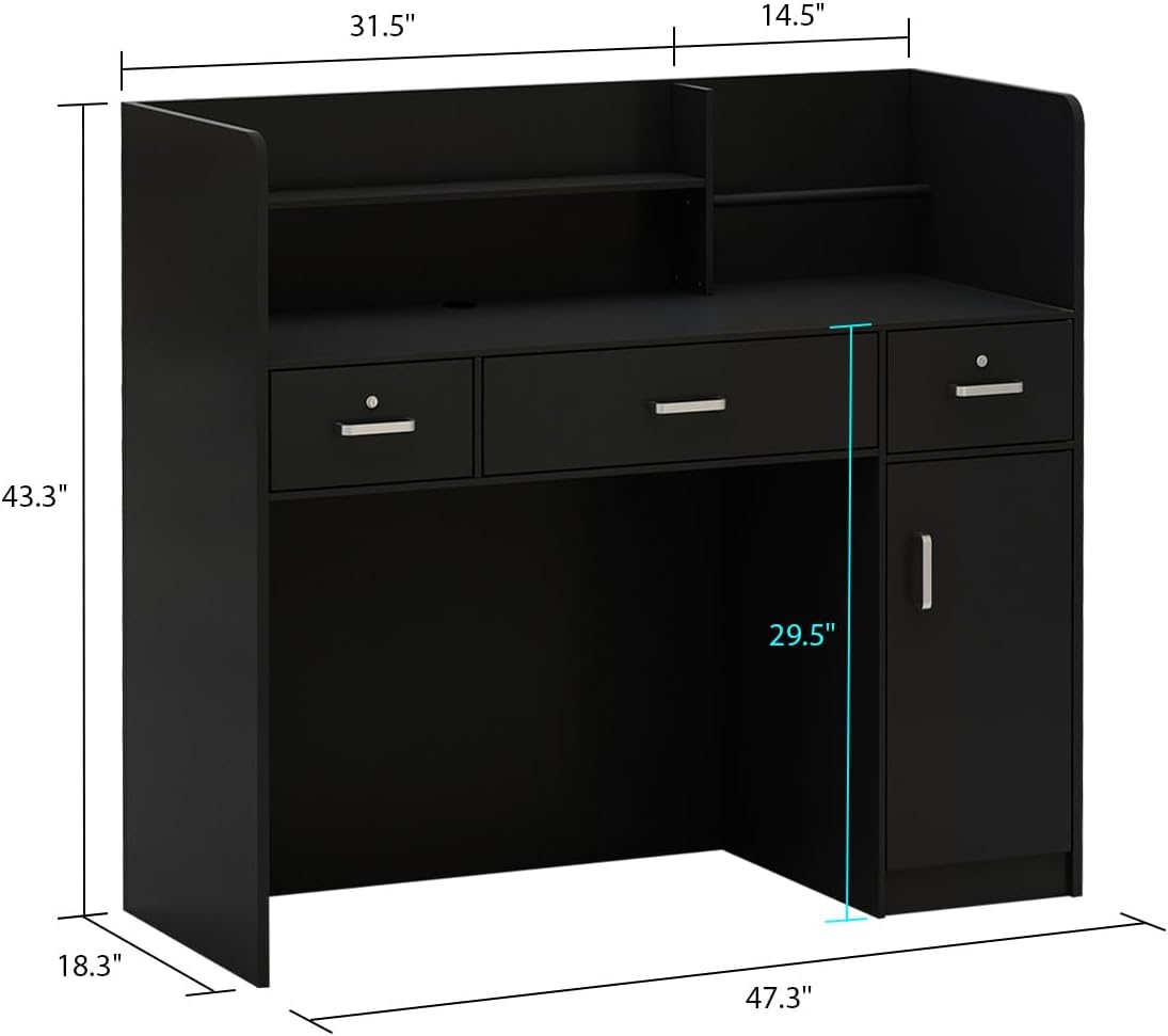 AGOTENI Reception Desk Front Counter Desk with Open Shelf & Drawers, Wooden Reception Stations with Lockable Drawer for Office (Black)