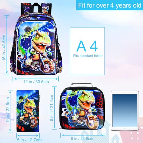 Image of 3PCS Dinosaur Backpack for Boys, 16 Inch Kids Water Resistant Preschool Elementary Kindergarten Bookbags and Lunch Box | Kids