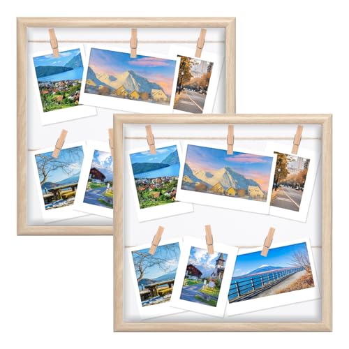 Bofanze 2 Piezas Collages de Fotos de Marco de Madera con Pinzas de Madera Portafotos de Madera Soporte de Cuerdas y Pinzas Marco de Fotos con Cuerda 32 x 32 cm Portafotos Multiple Colgante Con Pinzas