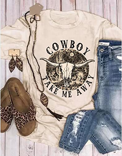Western Rodeo Bleached T-Shirt Women Vintage Leopard Bull Skull Graphic Cowboy Shirt Country Music Cowgirl Tops(Beige, M) #TOP2