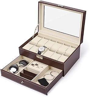 12 Slots Watch Box Mens Watch Organizer PU Leather Case with Jewelry Drawer for Storage and Display