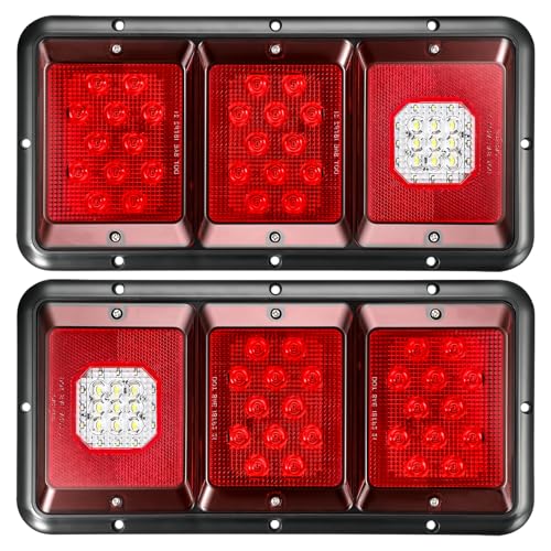 Partsam 2Pcs LED Triple Tail Lights 45 LEDs Rectangle Vertical or Horizontal Mount LED Trailer Camper RV Tail Lights Stop Turn Tail Backup Reverse Lights Taillights w/Black Base - Red/Clear Lens