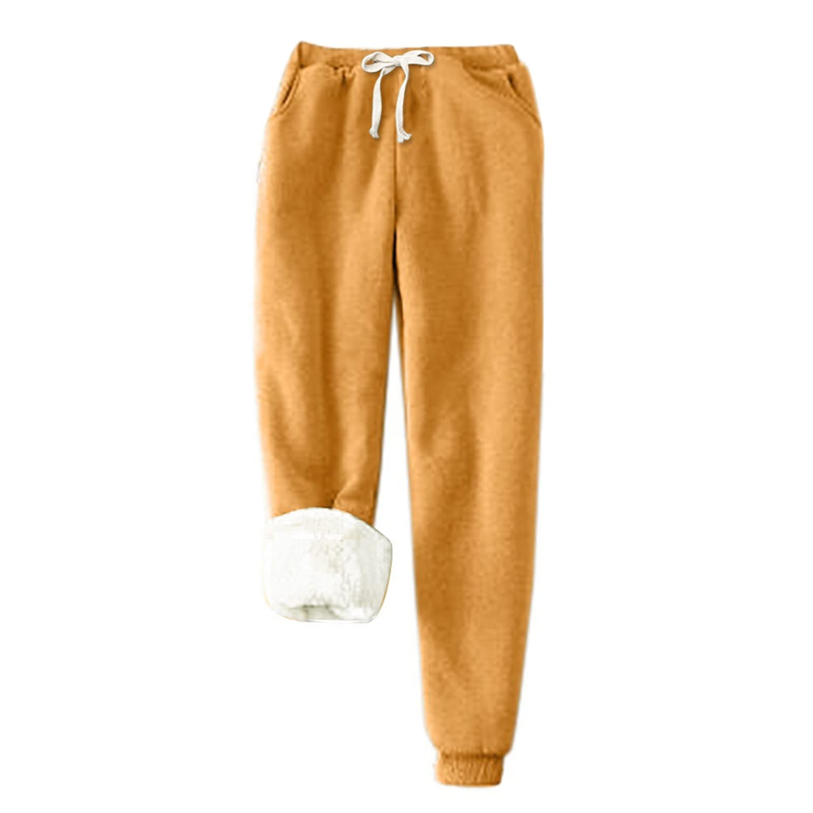 Men's Yellow Wo Winter Warm Sherpa Lined Fleece Jogger Pants Jogging Tracksuits Bottoms Gym Running Sweatpants Athletic Track Pants Activewear Trousers Elastic Cuff Harem Pants With Pocket