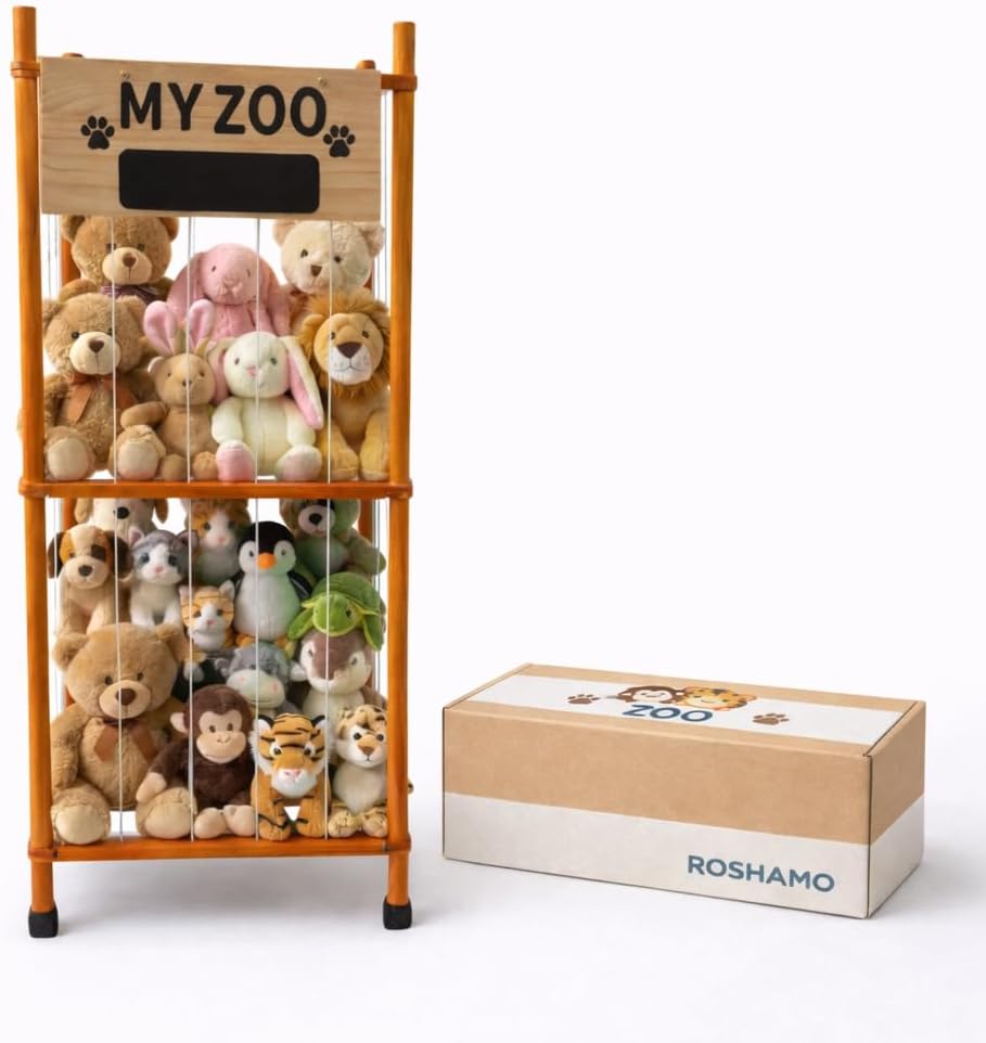 ROSHAMO- Stuffed Animal Storage Organizer Wooden Plush Toy Holder with Elastic Rope Access – 2-Tier Toy Storage Rack with Wheels for Kids Room, Nursery & Playroom – Stuffed Animal Organizer
