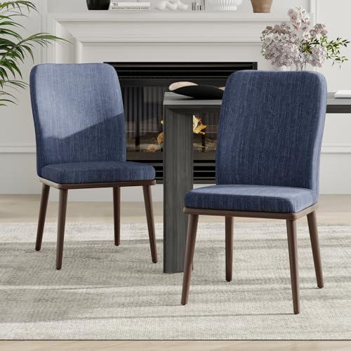 Image of Stylish Dining Chairs Set of 2, Upholstered Parsons Dining Room Chair with Nailhead Trim, Kitchen Room Chair with Thick Cushions and Wood Legs, Modern Contemporary, Blue