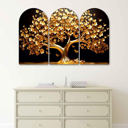 Image of Livin'luxe Golden Tree Arch Shape 3 Panel Wall Painting Set | Sparkle Laminated HD Print on MDF | Luxury Golden Tree Artwork for Living Room Bedroom Home Wall Decoration (24 x 36 Inch) RPNM-35360