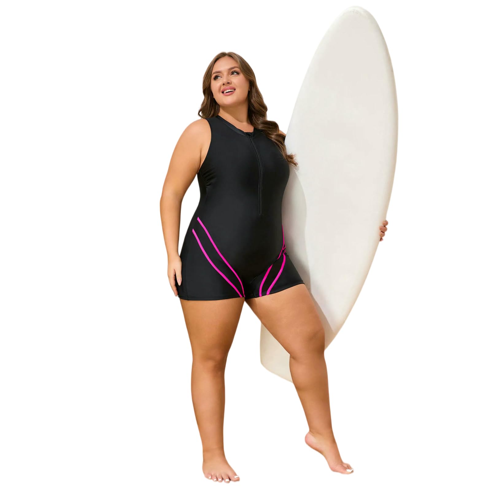 bañador Traje De Baño Frontal con Cremallera Tamaño Más Grande – Mujer Upf50 + Sin Mangas Control del Vientre Una Pieza-Black Pink-4xl