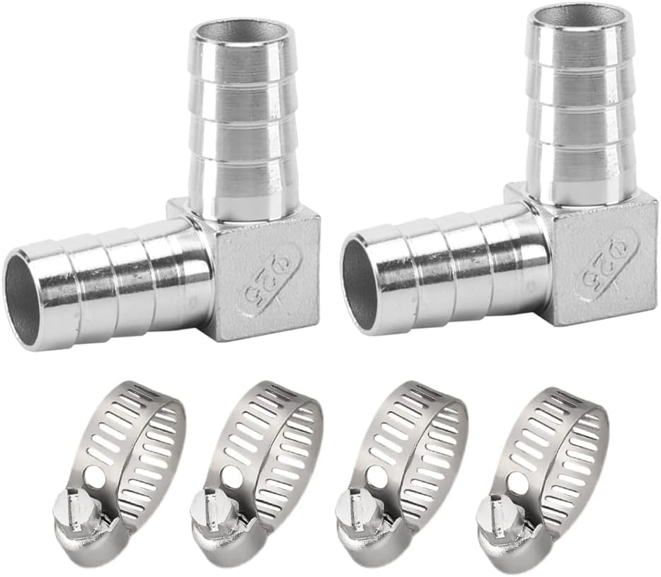 Stainless Steel Hose Barb Fitting 90 Degree Elbow 1" Barbed x 1 Barbed Right Angle L Shaped Connector with 4pcs Hose Clamps (Pack of 2)