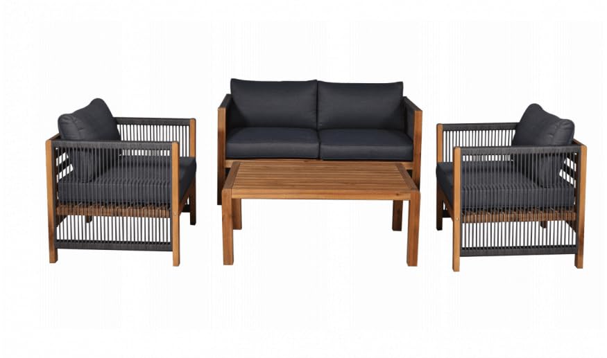 Monterray 4 Seater Garden Set with Sofa Bench, Two Armchairs & Coffee Table - Easy Assemble Outdoor Furniture Set Made from Acacia Wood with Removable Washable Cushions - Acacia & Slate Grey