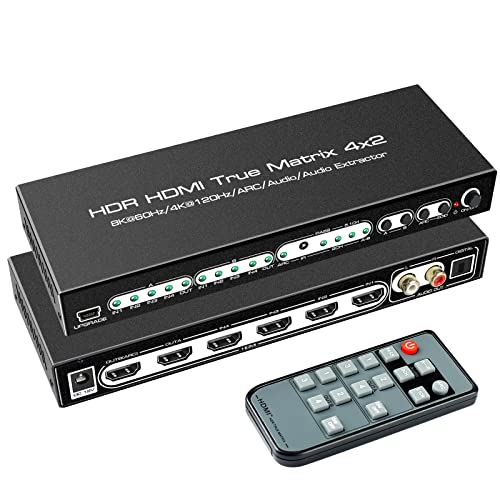 befen HDMI Matrix, HDMI 4K Matrix Switch Splitter 8K 60HZ hdmi 2.1 matrix 4X2 Switcher 4 in 2 Out 4K 120HZ with Remote Support 48Gbps HDR10 HDCP2.3 Dolby Vision Atmos SPDIF 5.1CH ARC