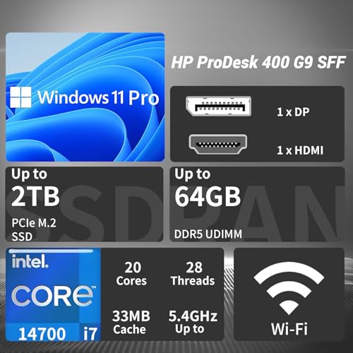 Image of HP ProDesk 400 SFF Business Desktop, Intel Core i7-14700, 32GB DDR5, 1TB SSD, Wi-Fi, HDMI, DisplayPort, USB-C, RJ-45, Support Up to Dual Displays, Wired Keyboard & Mouse, Win 11 Pro, w /Bundle
