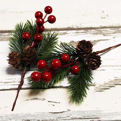 Pine Cone Red Berry Picks Stems Crafts Branch Christmas Wreath - 10Packs, Holly Artificial Evergreen Branches Tiny Pine Cones Picks Décor Floral Picks for Christmas Flower Wreaths DIY Xmas Gifts