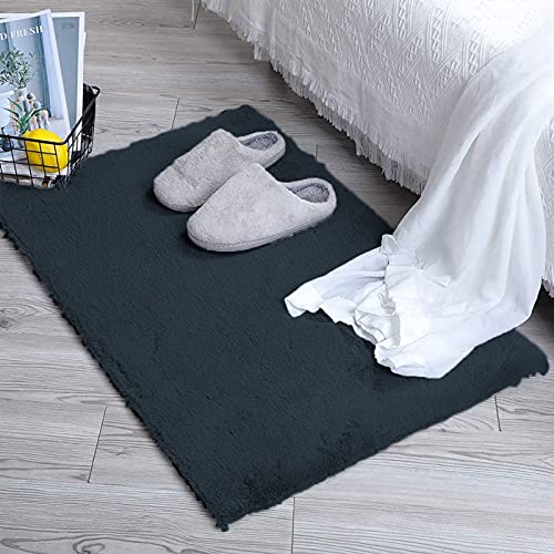 Image of Luxe Home Rabbit Fur Soild Bath Mat Super Soft, Anti-Slip, Washable, Rectangle, for Bathroom Door Mate, Bedroom Door Mats (Anthra, 45x75 cm)