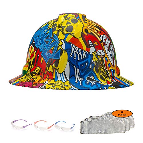 🛒 Flash Sale Full Brim Hard Hat, Skull Graffiti Sticker Bomb Design Safety Helmet 6pt + 3pk Beige Hard Hat Sweatband + 3 Pairs Safety Glasses, by AcerPal