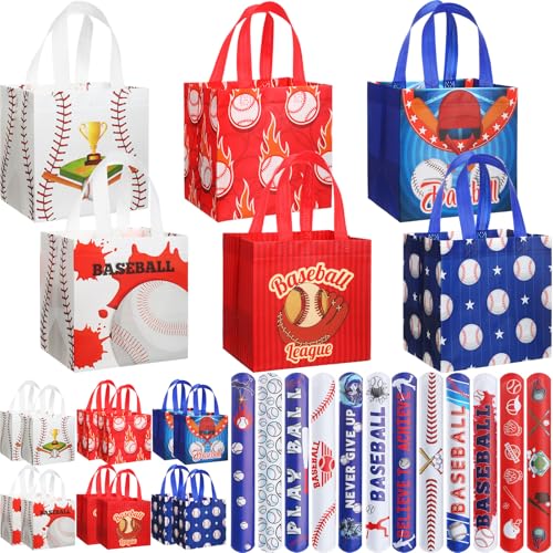 MiniInflat 24 Pcs Baseball Gift Bags Party Favor Bags Reusable Non Woven Tote Bag with Handles Baseball Waterproof Treat Bag for Party Favors Supplies Extra with 24 Pcs Slap Bracelets