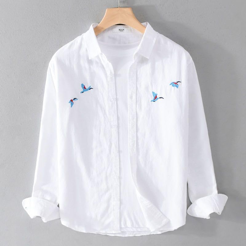 Image of Men's Cotton Blend Casual Wear with Bird Embroidery | Regular Fit Full Sleeve Button Down | Lightweight Summer Style for Daily, Office & Party