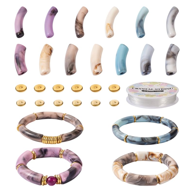 Boutigem 120Pcs Imitation Gemstone Acrylic Beads Chunky Tube Beads Bending Noodle Beads 1Roll Elastic Cords for DIY Jewelry Making Craft โ image 1