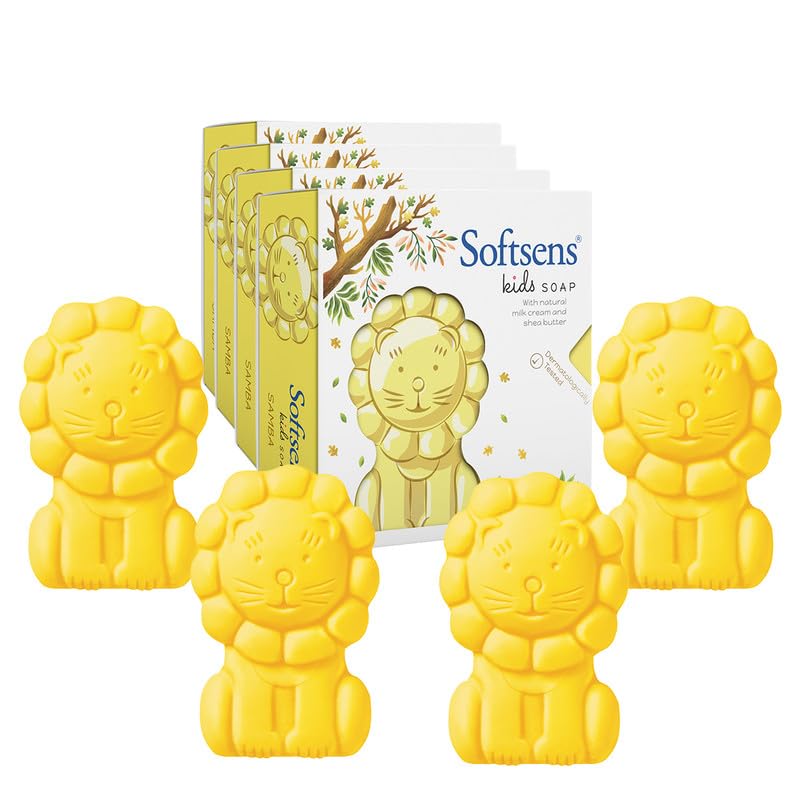Image of Softsens Kids Soap Samba 75g each ( Pack of 4 x 75g) | Gentle Nourishing Care with Shea Butter & Natural Milk Cream, Dermatologist Tested Baby Soap, Moisturizing Animal Shape Bar Soap For Toddlers & Kids 2-10 Years