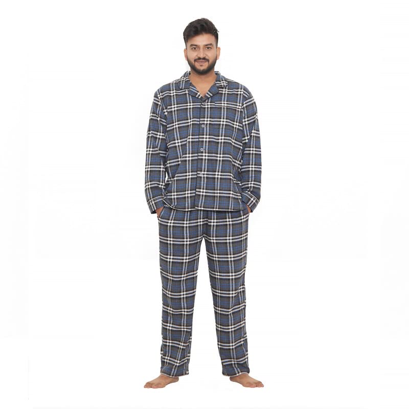 LUXELIVMen's Cotton Twill Check | Long Sleeve Shirt with Elastic Pyjama Set | Comfortable Fit Night Suit | Lounge Wear Sleepwear (Green and Black)