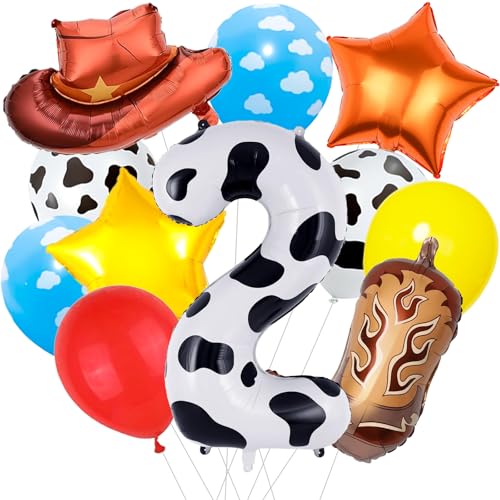 Toys themed Birthday Decorations, Include Cow Print Number 2 Balloon 40 inch, Cowboy Balloons, Star, Colour Balloons for 2nd Birthday Decorations, Cowboy Birthday Party Decorations