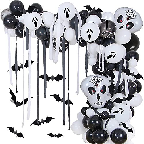 Halloween Balloon Garland Kit, 135 Pcs Black White Latex Balloon Arch with Crepe Streamer 3D Bats Ghost Skull Aluminum Foil Balloons for Kids Halloween Theme Party Background Classroom Decorations
