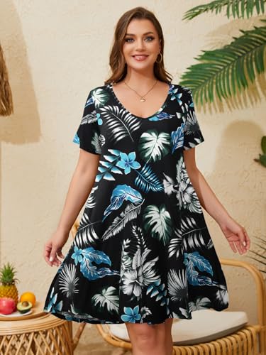 Image of ZENNILO Women's Plus Size Swing Dress with Pockets V Neck Short Sleeve | Lightweight 95% Rayon; knee-length swing fit packable for travel, beach vacation, party, office or casual days, M-5X