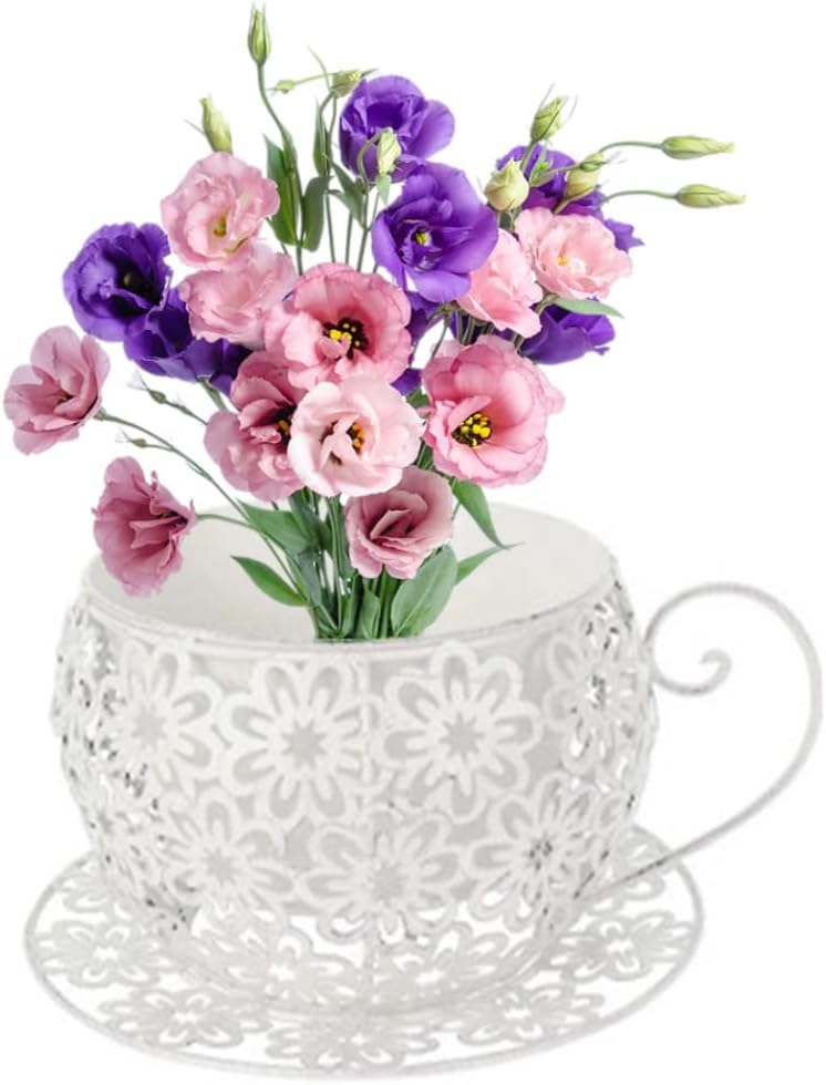 Planter - Vintage Teacup Flower Pot with Saucer, White Coffee Cup Garden Holder