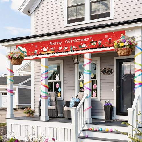 Image of Christmas Train Banner 78.7 x 17.7 Inch Santa with Gift Carriage Red Background Holiday Decoration for Yard Garden Fence Porch Patio or Outdoor Display Great for Christmas Party Scene and Winter Celebration