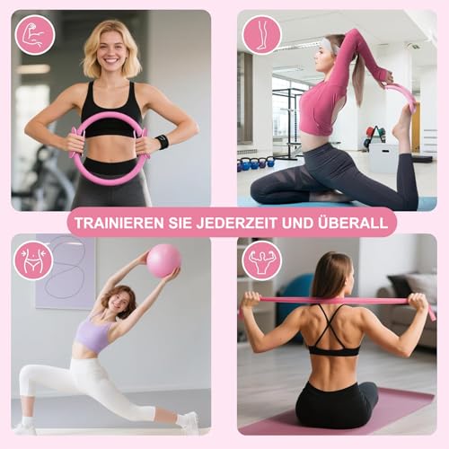 lxmydm Pilates Set, Pilates Ring Set 13 Teiliges mit Zubehör Yoga Ball, Yoga Gurt, Fitnessbänder, Pilates Socken, Trainingsposter & Tragbarer Tasche, Home Pilates Essential Kit für Frauen (Pink)