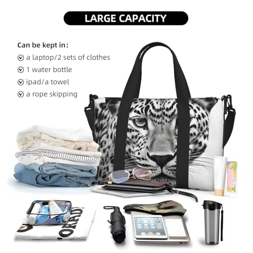 Black White Leopard Animal Duffle Bag for Men Women Gym Bag with Shoes Compartment Travel Bags Lightweight Overnight Bags3