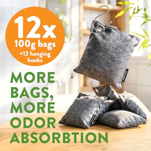 Image of Activated Bamboo Charcoal Odor Absorber Bags for Strong Odors - 12 Pack Large 100g Air Purifying Bags, Natural Activated Charcoal Deodorizer for Shoes, Closet, Car, Gym Bag, Bathroom & Home