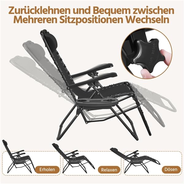 Yaheetech Set mit 3 verstellbaren Klappstühlen, Sonnenliege Set mit klappbarem Liegestuhl, Kopfstütze, Verstellbarer Rückenlehne & Fußteil, Beistelltisch mit Getränkehalter, Schwarz (Schwarz)