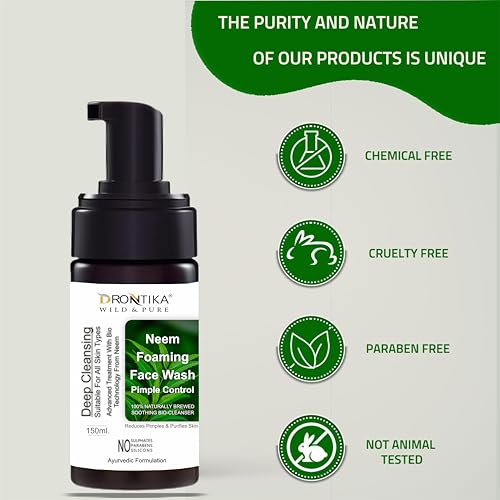 Image of Drontika Wild & Pure Neem Foaming Face Wash - 100% Natural Antibacterial Cleanser for Acne, Pimples & Oily Skin - Purifies Pores, Sulfate-Free Formula - 300ml