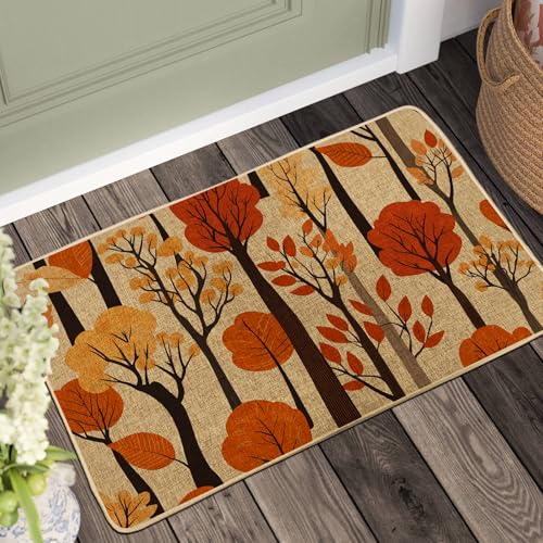 Tapete de bienvenida con diseño de hojas de otoño, naranjos para interiores y exteriores, decoración de otoño, de goma, impermeable, antideslizante, absorbe el polvo, fácil de limpiar, 73 x 43 cm