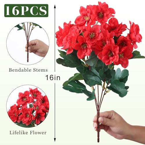 Image of YXZZWL 16 Bundles Artificial Flowers for Front Door, Fake Silk Azalea Bouquet Silk Flowers for Outside UV Resistant Realistic Faux Plants for Planter Farmhouse Patio Garden Walkways Home Decor (Red)