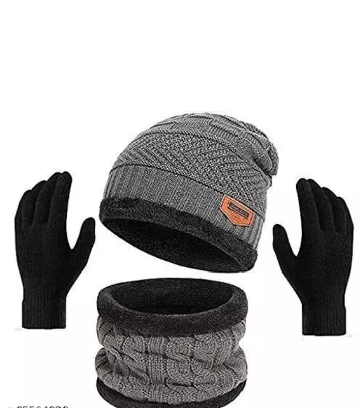 Knitted Winter Cap & Neck Scarf with Gloves,Unisex Beanie Cap with Neck Warmer for Women,Thermal Cap,Thick Fluffy Woolen Cap,Pack of 3 (Grey)-image-30