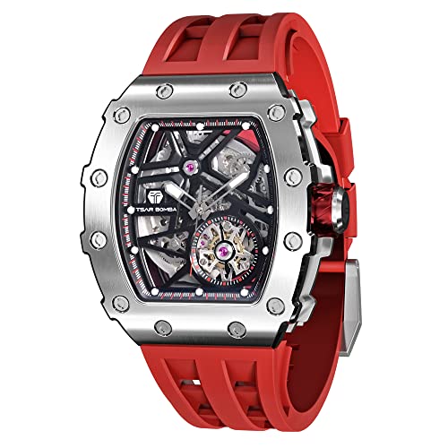 Image of TSAR BOMBA Men's Automatic Watch Tonneau Luxury Skeleton Watches for Men Mechanical 50M Waterproof Analogue Watches Mens Unique Cool Square Big Face Dial Wristwatch with Silicone Strap Band