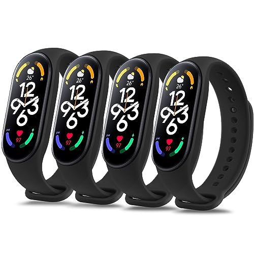 Mugust 4Pack Correas para Xiaomi Mi Band 7 Mujer Hombre,Silicona Coloridos Recambio Suave Pulseras de Repuesto para Xiaomi Mi Smart Band 7(Negro/Negro/Negro/Negro)
