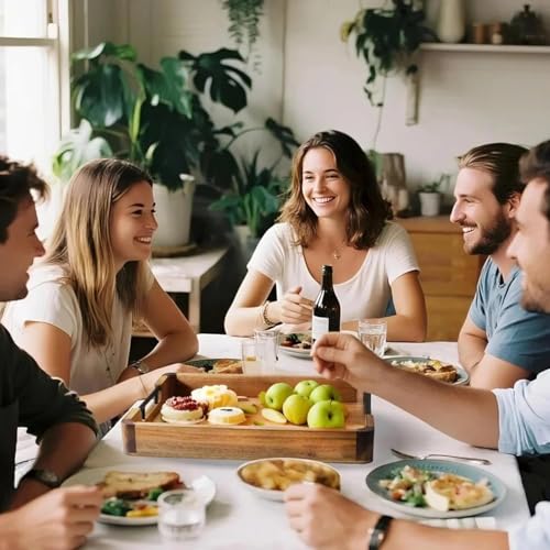 Image of Wooden Serving Tray for Home and Kitchen | Acacia Wood Large Rectangular Tray with Handles for Resturant, Cafe, Breakfast, Multipurpose Organzier | (Food Safe Oil Finish) (Manna)
