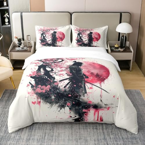Homewish Style Japonais Housse de Couette Japonais Anime Samouraï Parure de Lit 220x240 Sakura Rouge Soleil Lit Ensemble Peinture À L'Encre Noir Rouge Lit...