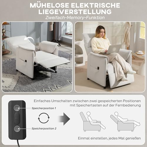 HOMCOM Fernsehsessel Elektrisch Relaxsessel mit Liegefunktion Fußteil TV Sessel mit Verstellbarer Rückenlehne Seitentasche ergonomisch Ruhesessel Liegesessel für Wohnzimmer Schlafzimmer Cremeweiß – Bild 6