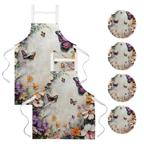 Lot de 2 tabliers de cuisine à fleurs pour pâtisserie et restaurant avec broches