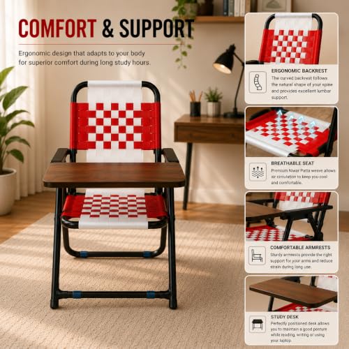 Image of Study Chair for Home with Writing Pad, Foldable Study Chair for Students, Niwar Seat and Back, Metal Frame, Folding Student Seat for Reading, Writing and Laptop Work, (Red & White)