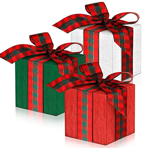 Amyhill 3 Pcs Christmas Table Centerpieces Christmas Wooden Present Decorations Rustic Faux Blocks Table Decor Tiered Tray Decor with Buffalo Plaid Bowknot (Regular 2.75 Inches)