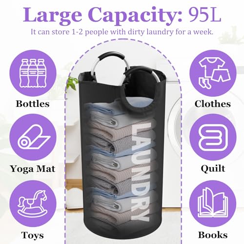 Image of 95L Large Laundry Hamper for Adult, Foldable Black Laundry Basket with Soft Handles, Freestanding Dirty Clothes Hampers, Portable Laundry Bin for Flat, Bathroom, Black
