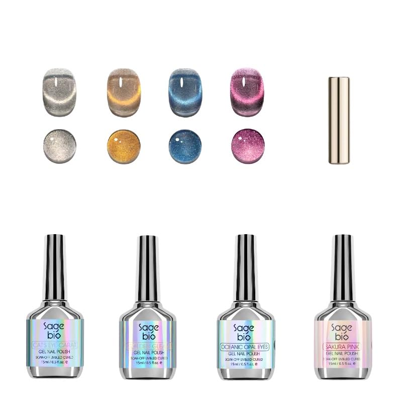 Cat Eye Gel Nail Polish Set with Magnetic Powder, 4 x 15ml Bottles, UV/LED Cured, Long-Lasting 4 Weeks, Stunning Magnetic Effects, DIY Manicure Kit, 01