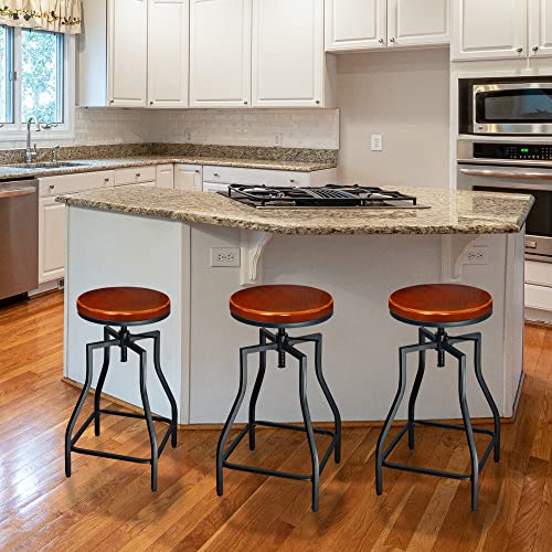 Butaco metálico giratorio ajustable para cocina, juego de 3 unidades | Asiento de chapa de madera, altura para barra, negro y marrón miniatura 2
